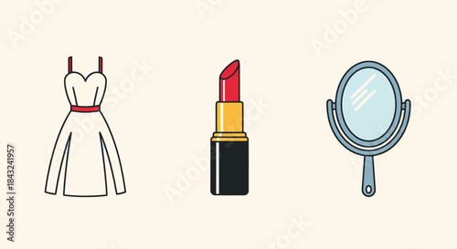 Dress Lipstick and Mirror: Fashion and Beauty Essentials Illustration.