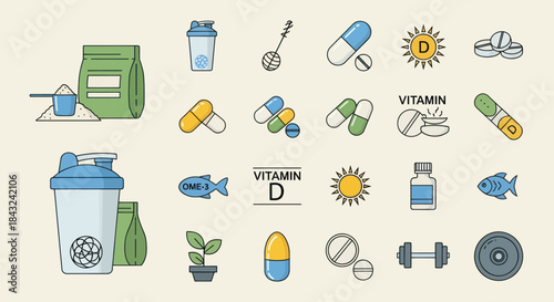 A colorful illustrated icon set of sports nutrition vitamins and health supplements.