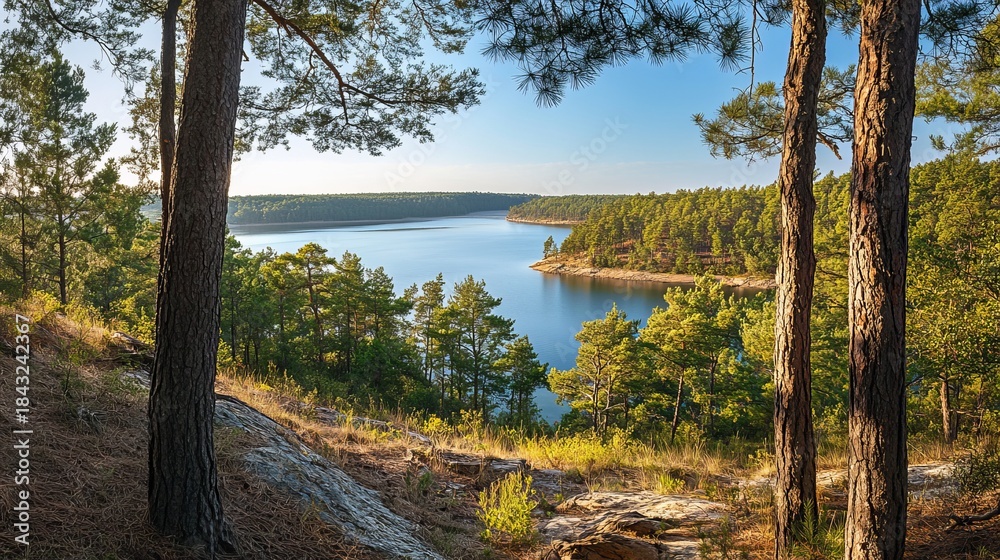 Obraz premium Serene Lake View Through Pine Trees in Forest
