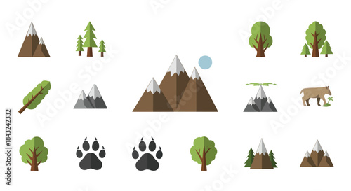 Flat Design Nature Icons Collection: Mountains Trees Bear Paw Prints Feather.
