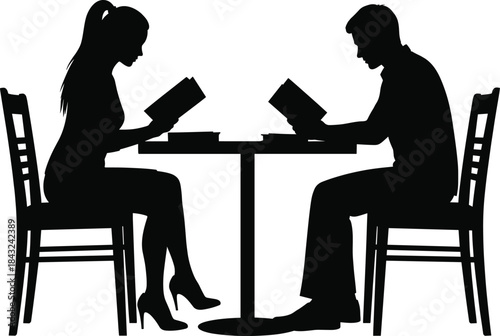 Silhouette vector of man and woman reading books at table in quiet study or café scene for education and lifestyle themes