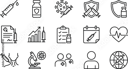 Set of 15 Line Art Icons for Vaccination, Virus Protection, Medical Research, Immunization Schedule, and Health Safety Campaigns