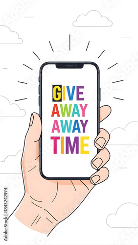 Hand Holding Smartphone Announcing Giveaway Time for Online Contests and Social Media Marketing