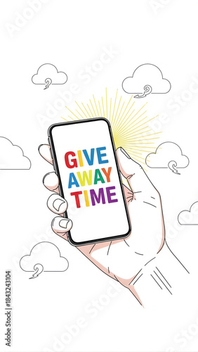 Hand Holding Smartphone Announcing Give Away Time with Bright Sun and Clouds Illustration
