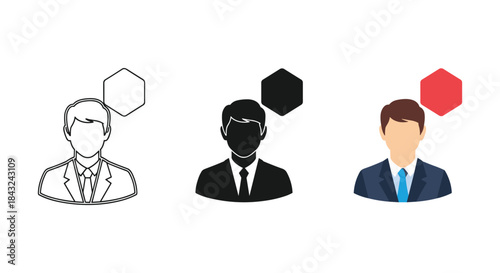 Three businessmen with different colored hexagons