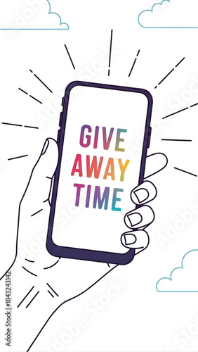 Hand Holding Smartphone Announcing Social Media Giveaway Time with Rainbow Text