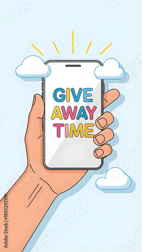 Mobile Hand Holding Smartphone Announcing Give Away Time with Bright Clouds Social Media Contest Concept