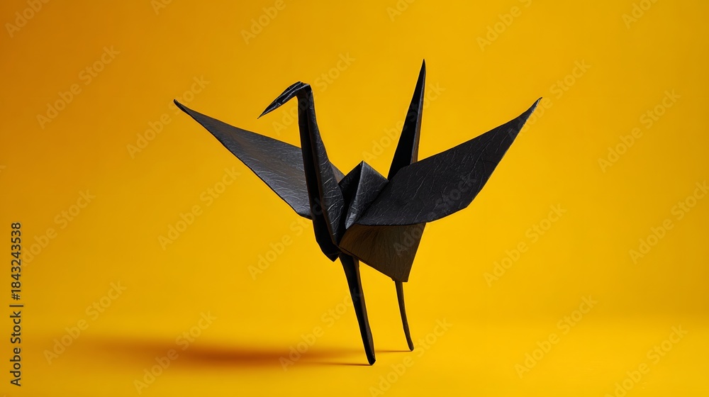 Fototapeta premium Black Origami Crane Bird on Yellow Background.