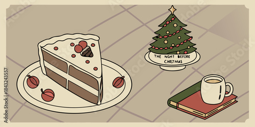 Cozy holiday still life featuring cake a Christmas tree and a warm drink ready for reading enjoyment