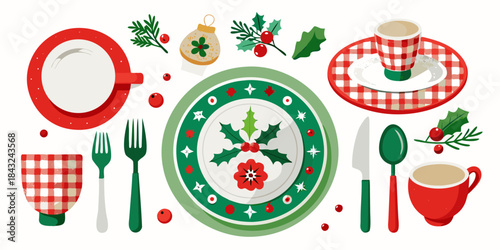 Festive holiday dinnerware set featuring holly decorations and red green checkered patterns for christmas
