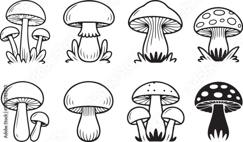 Magic mushroom nature vector silhouette black line contour drawing with fungi. simple mushroom sketch set, cute mushroom vector, hand drawn mushroom art.