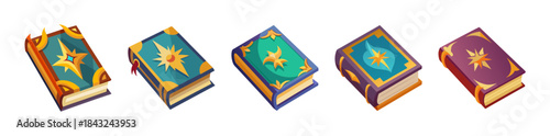 Set of five enchanted spellbooks with mystical star designs, magic lore