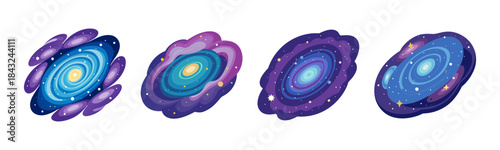Cartoon spiral galaxy set, vibrant cosmic illustration of space universe