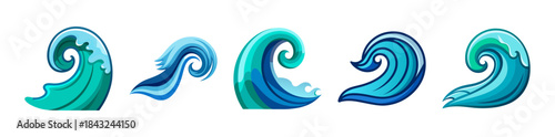 Collection of five blue and green cartoon ocean waves vector illustration