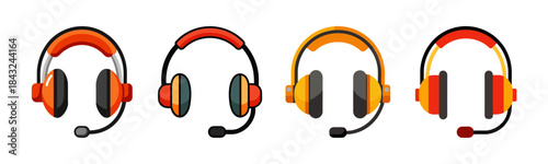 Cartoon vector headsets with microphones for call center and gaming