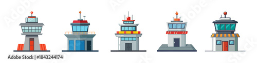 Set of five distinct airport air traffic control tower illustrations