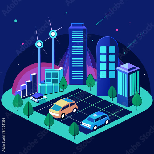 Futuristic cityscape with renewable energy and autonomous vehicles at night