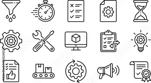 Set of 15 Line Art Icons for Production, Workflow, Quality Control, Manufacturing, and Business Management Process in Vector