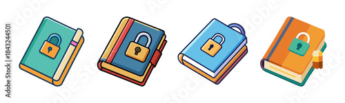 Four illustrated locked books icon set for data security and privacy
