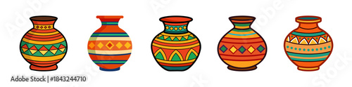 Vibrant collection of five tribal patterned ceramic vases vector set