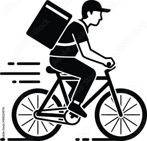 Black and white icon of a delivery person riding a bicycle