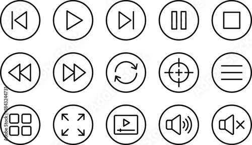 Set of 15 Line Art Media Player Vector Icons, Including Play, Pause, Volume, and Navigation Controls for User Interface Design
