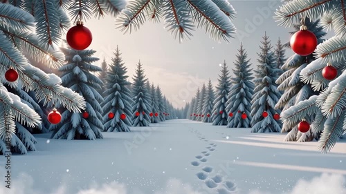 Snowy Christmas Forest Path with Red Ornaments.