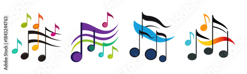 Colorful musical notes vector illustration with abstract sound waves