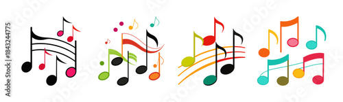 Abstract vector illustration of colorful music notes on flowing staves