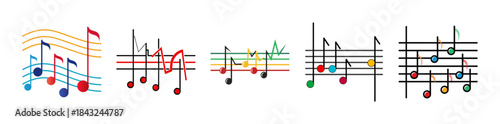 Melodic colorful music notes and staffs vector illustration collection