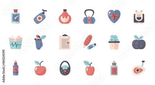 Collection of Health and Wellness Icons in Flat Design Style.