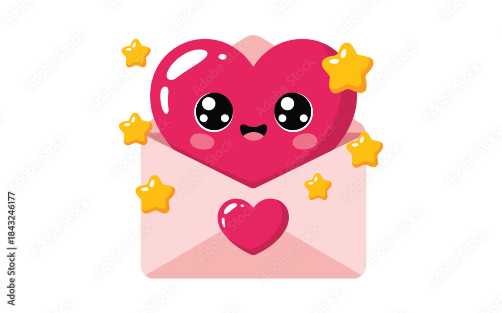 Fototapeta premium An endearing cartoon pink heart with sparkling eyes emerges from an open love letter envelope adorned with stars