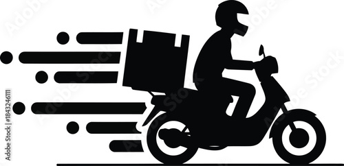 Black silhouette of a delivery person on a scooter with speed lines