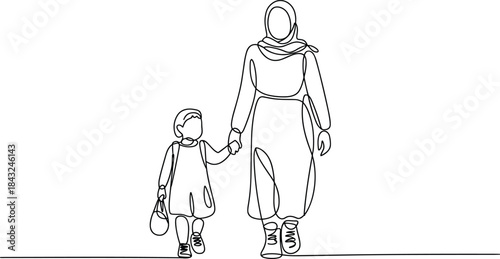 Woman and Child Holding Hands Walking Together Line