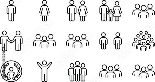 Set of 15 Line Art Icons for People, Community, User Profiles, Family, and Teamwork, Representing Social Networking and Groups