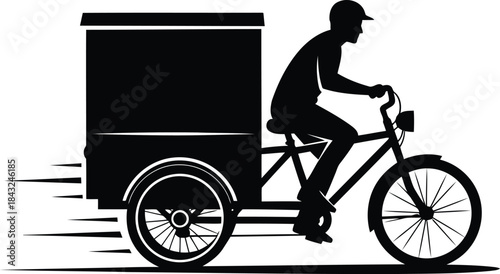 Black silhouette of a delivery person on a cargo tricycle
