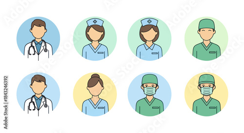 Diverse Medical Professionals in Circular Avatars.