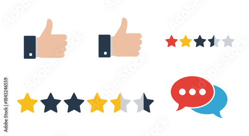 Collection of Feedback Icons: Thumbs Up Stars and Speech Bubbles.