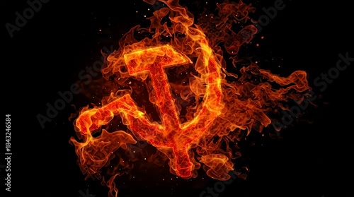 A fiery hammer and sickle symbol, representing communism and revolution, glowing intensely against a dark, black background.