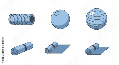 Blue Exercise Equipment Set: Foam Roller Ball and Yoga Mat.