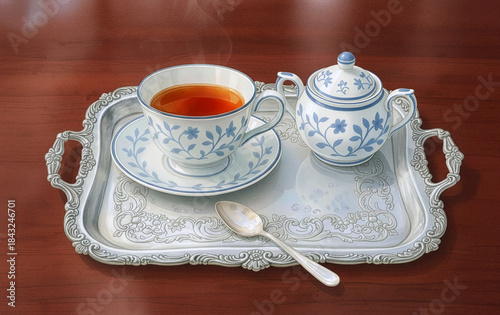 Elegant tea cup and sugar pot on silver tray
