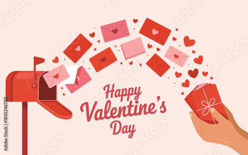 Happy Valentines Day message with love letters flying from a red mailbox to hands holding gifts