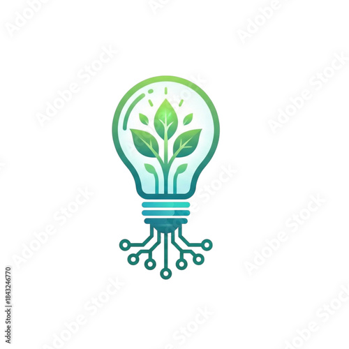 Eco-tech innovation vector icon. Glowing lightbulb bulb with green sprouting plant leaves and circuit board roots, representing sustainable energy, ecology and green technology ideas.