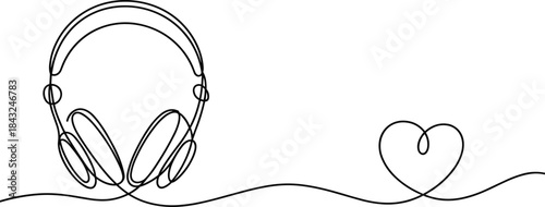 Black and white line of headphones with a heart line black and white