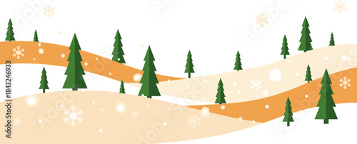 Winter Wonderland Illustration: A whimsical illustration of a snowy landscape featuring evergreen trees and gentle rolling hills. Capturing a serene and festive vibe, evoking feelings of winter.