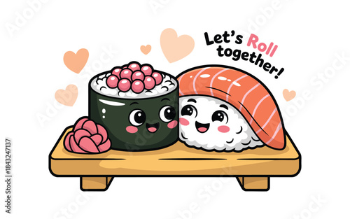 Two delightful cartoon sushi characters affectionately hug each other on a serving board with fun text