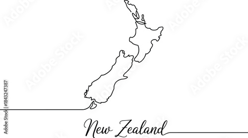 Outline map of New Zealand with country name written in cursive