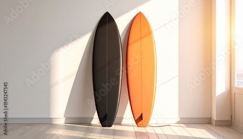 mockup of two surfboards leaning against the wall.. No logos, no text, no branding. Clean studio lighting