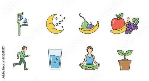 Colorful Healthy Lifestyle and Wellness Line Art Icons Set.