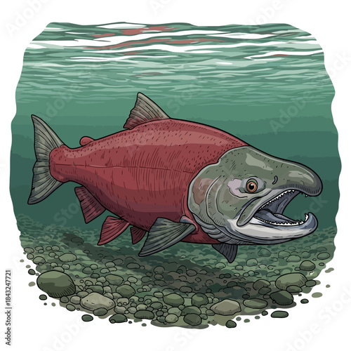 Spawning sockeye salmon swimming in a river fishing illustration vector image t shirt design